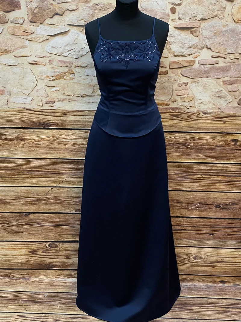 Vintage Abendkleid dunkelblau mit Stickerei & Perlen Maxikleid Gr. 34