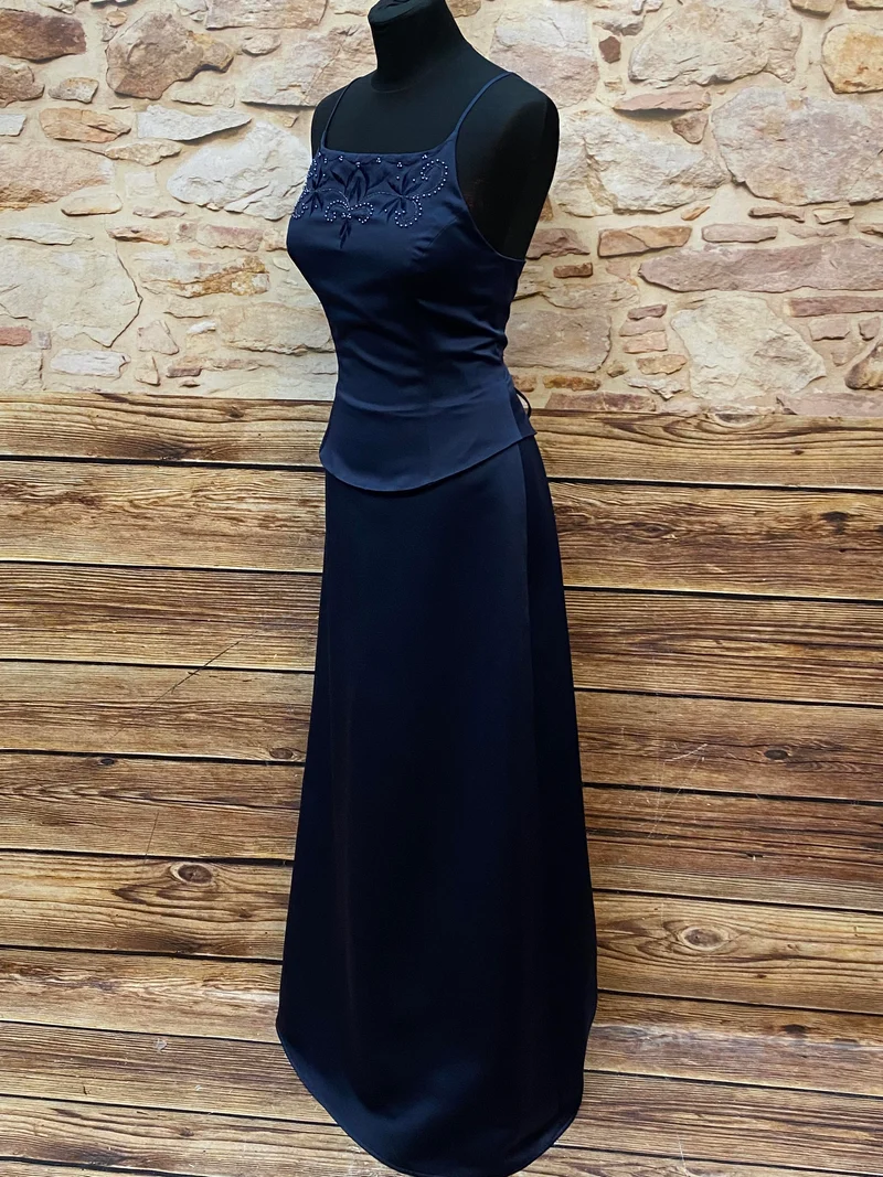 Vintage Abendkleid dunkelblau mit Stickerei & Perlen Maxikleid Gr. 34