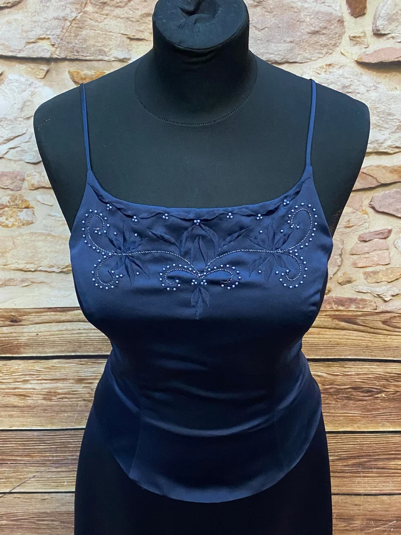 Vintage Abendkleid dunkelblau mit Stickerei & Perlen Maxikleid Gr. 34
