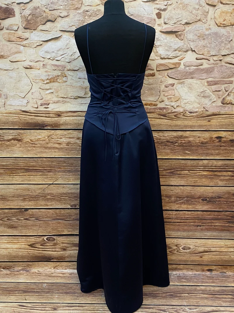 Vintage Abendkleid dunkelblau mit Stickerei & Perlen Maxikleid Gr. 34