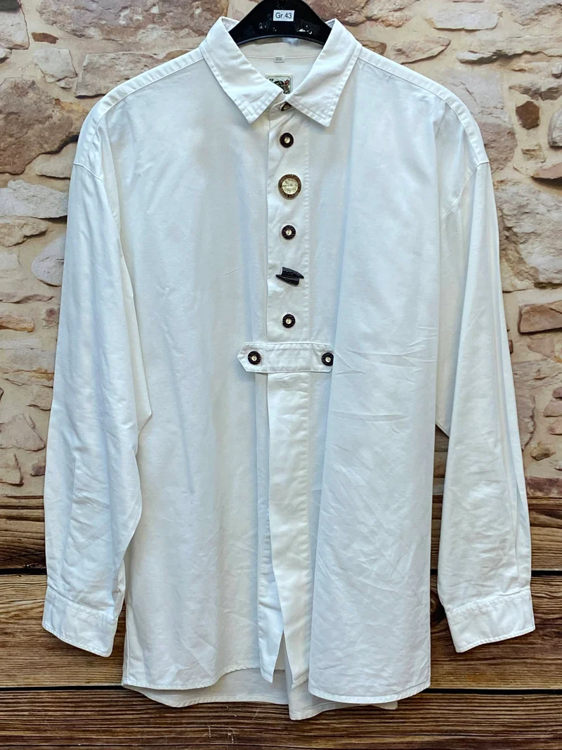 Vintage Trachtenhemd Herren Weiß Gr. 43 – Hirschhornknöpfe & Zierleiste