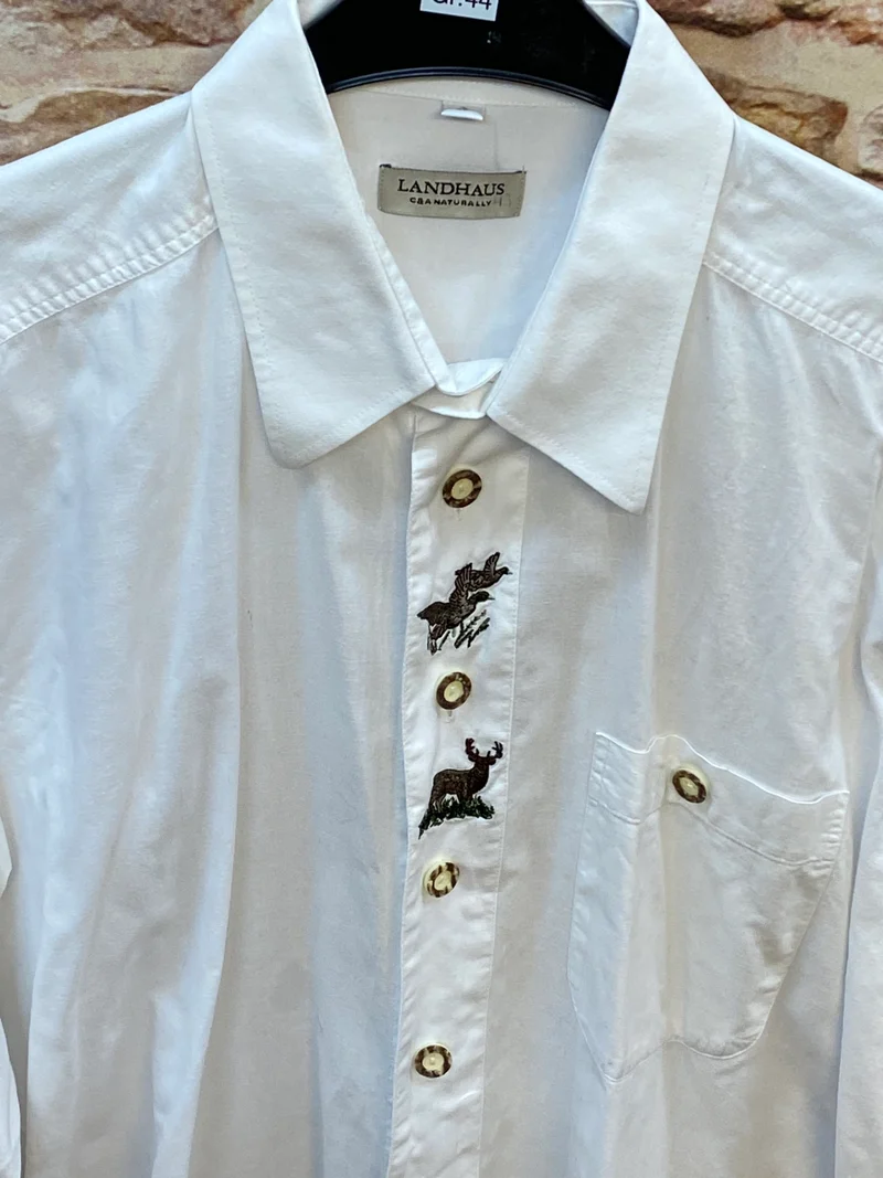 Vintage Trachtenhemd Herren Weiß Gr. XL – mit Hirsch & Vogel Stickerei