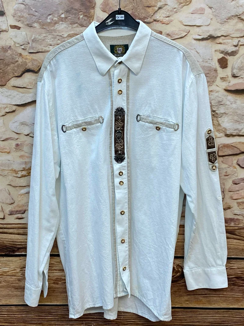 Vintage Trachtenhemd Herren Weiß Gr. 44 – mit Zierleiste & Stickerei