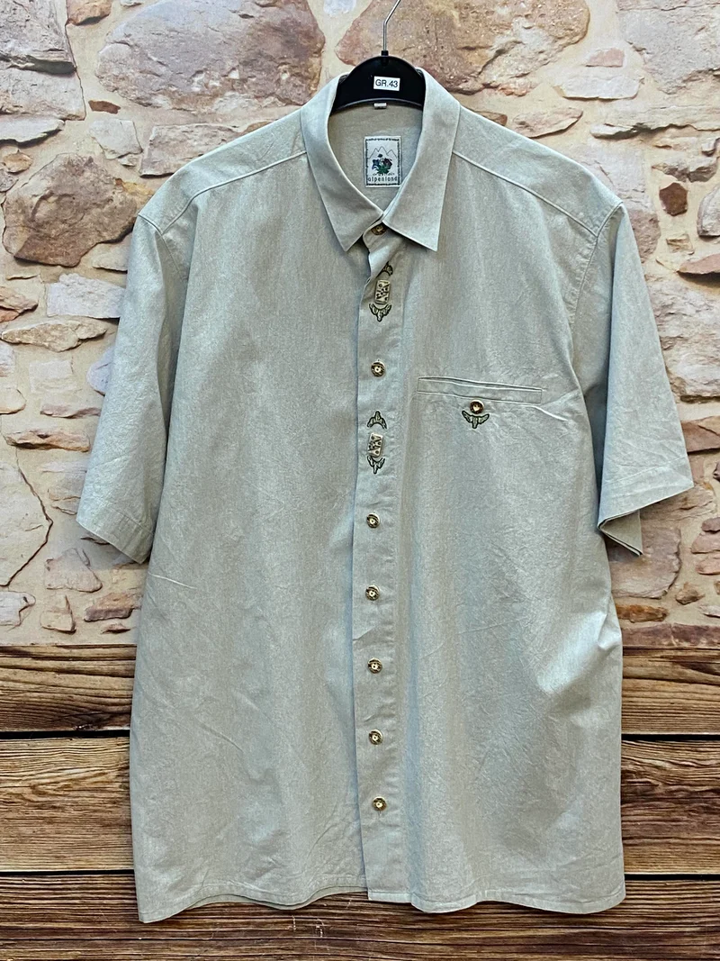 Vintage Trachtenhemd Herren Lindgrün Kurzarm Gr. 43 – Alpenland