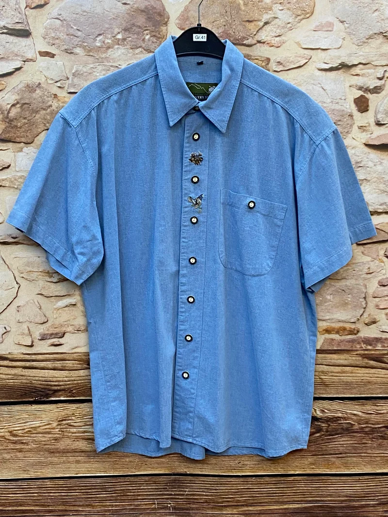 Vintage Trachtenhemd Herren Blau mit Stickerei Gr. 44