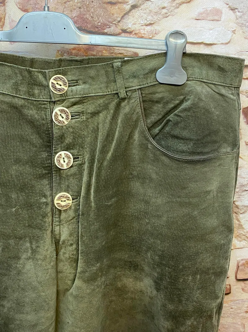 Vintage Trachten Lederhose Herren grün Gr. 58 lange Lederhose Echtleder