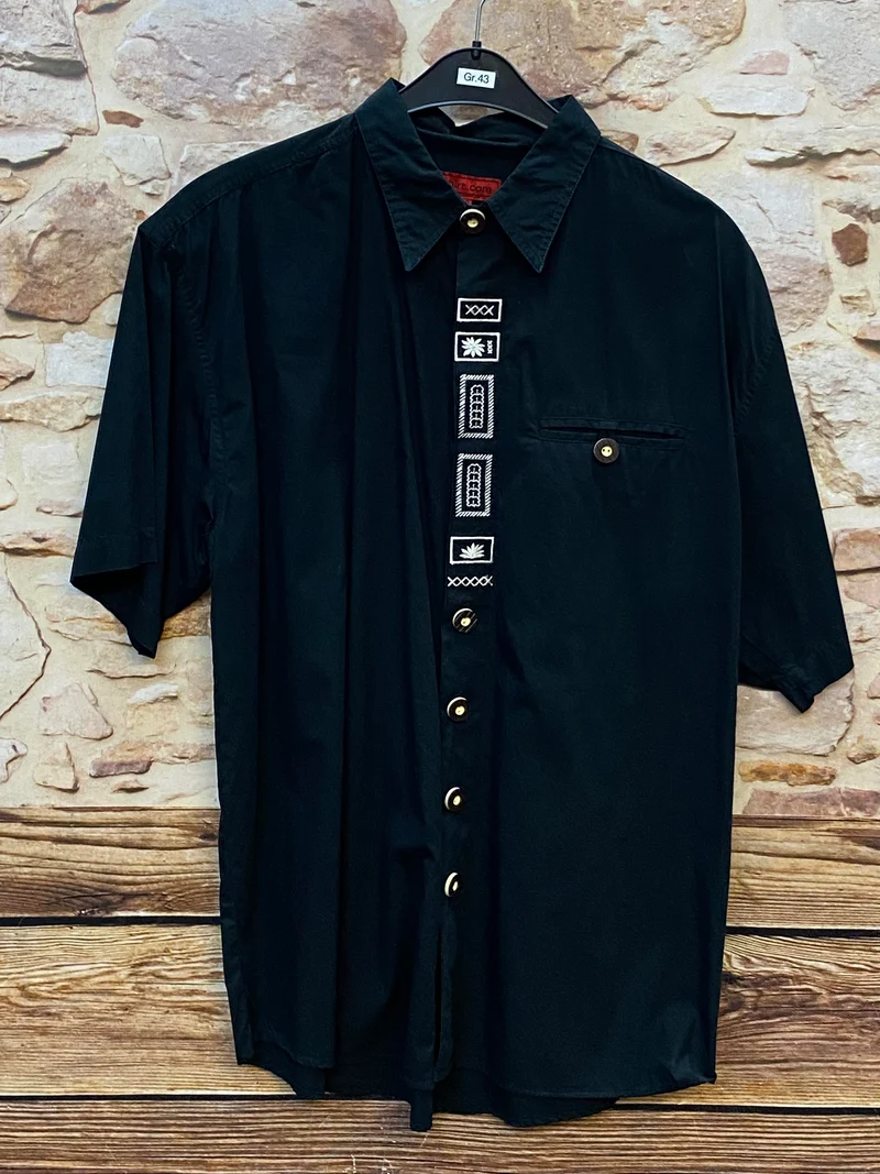 Vintage Trachtenhemd Schwarz mit weißer Stickleiste Gr. 43
