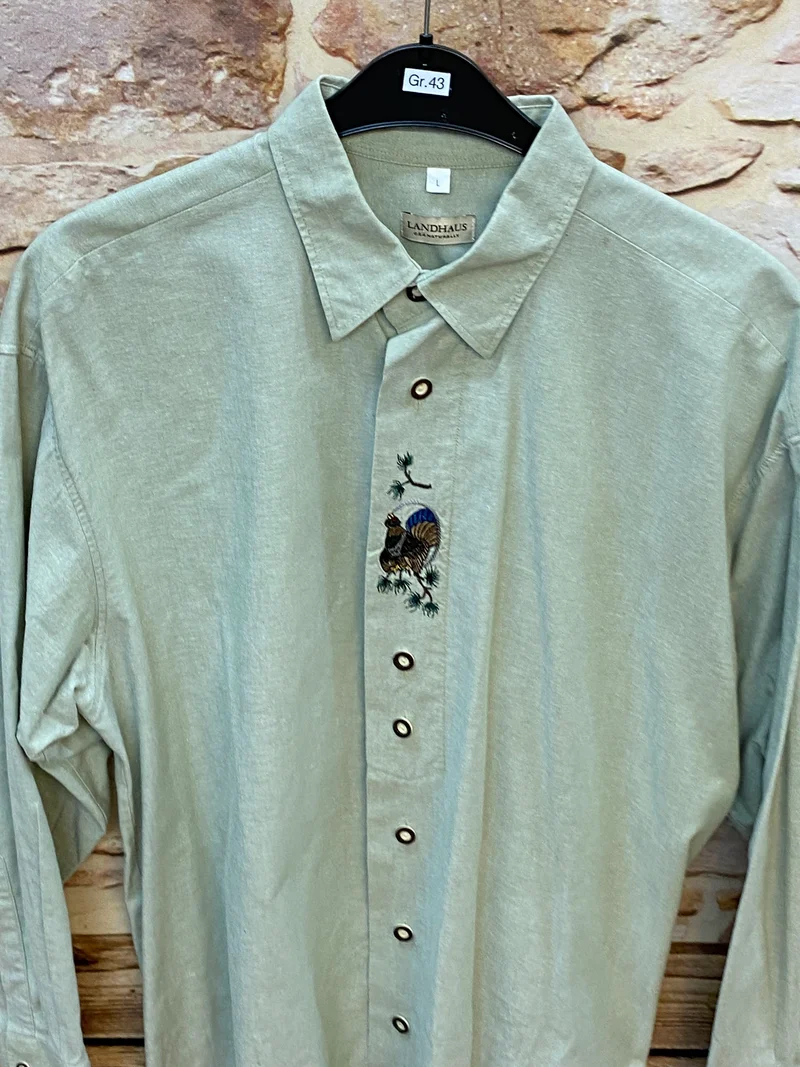 Vintage Trachtenhemd Hellgrün mit Fasanen-Stickerei Gr. 43