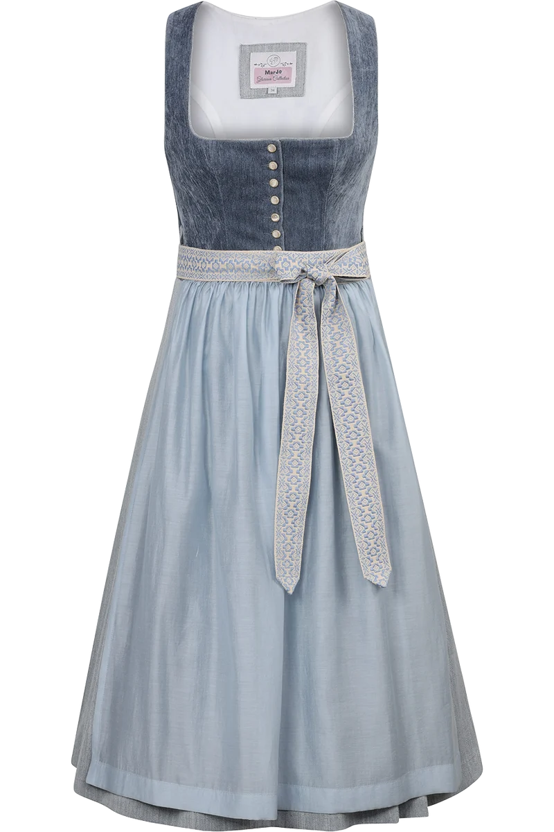 Samtdirndl in Midi-Länge mit leicht fallender Schürze - vintage blue