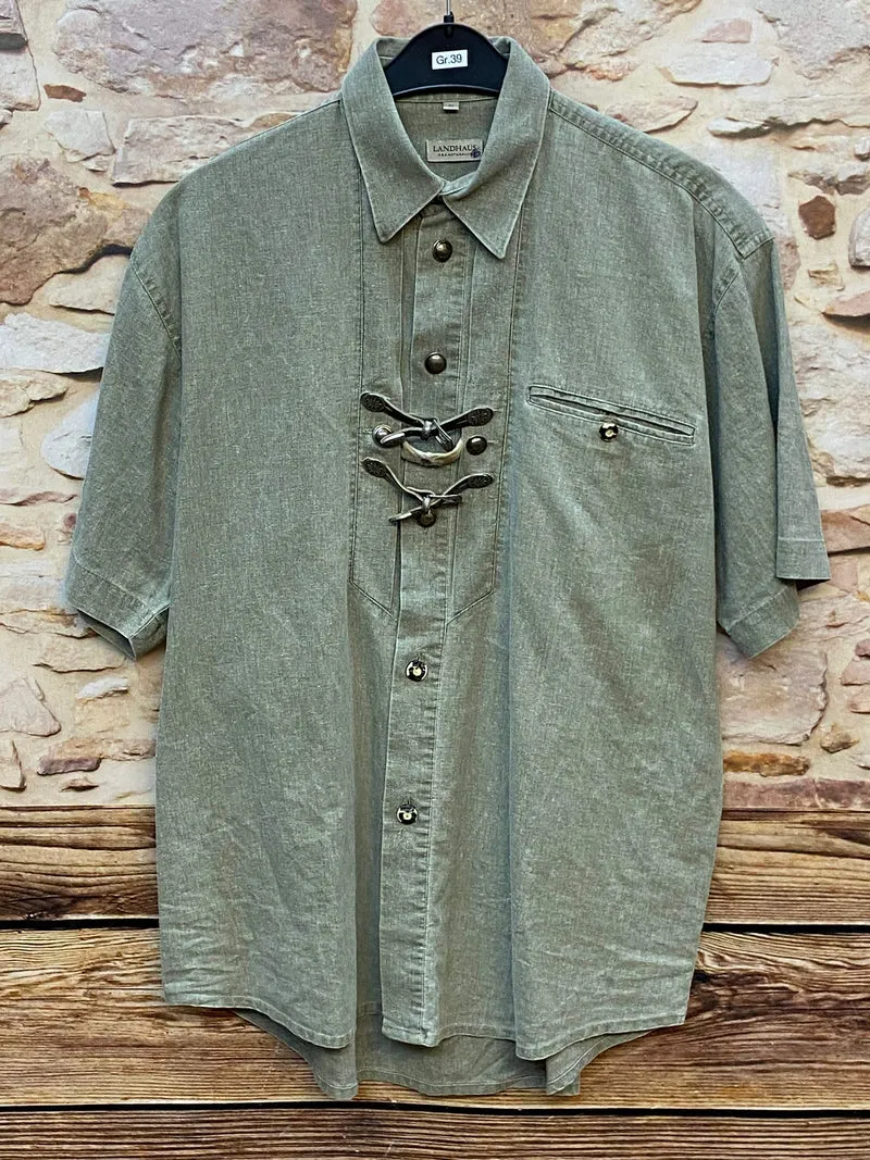 Vintage Trachtenhemd Herren Gr. 39 Leinen Mix Grün Landhaus