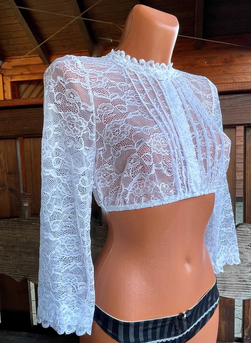 Dirndlbluse Krüger Collection, Margareta, hochgeschlossen, 3/4 Arm, weiß