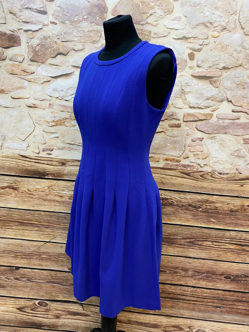 1970er Vintage Kleid Blau Gr. ca. 38 – tailliertes Retro Kleid mit Faltenrock