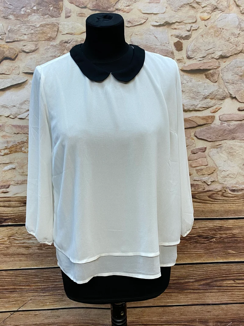 Vintage Bluse Damen creme mit schwarzem Kragen – Größe S Retro Look
