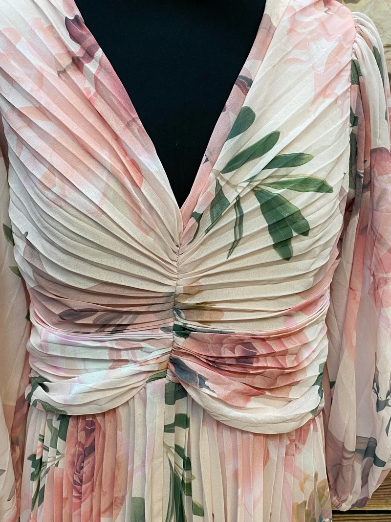 Vintage Abendkleid Damen Gr. 40 Floral Plissee Chiffon Kleid lang