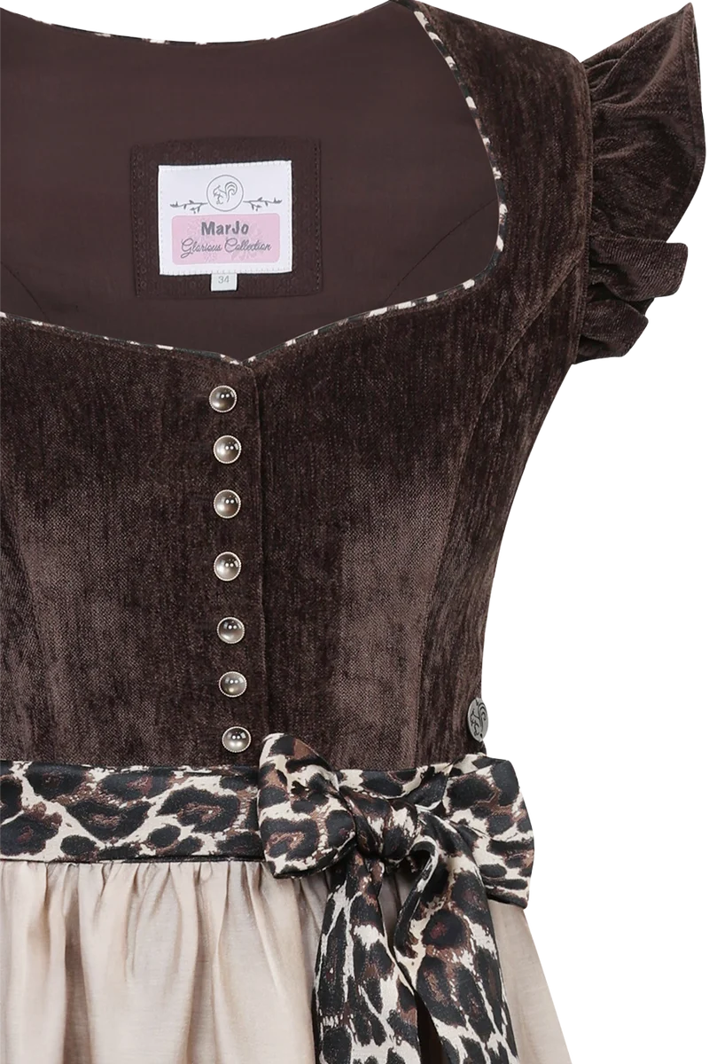 Samtdirndl 70cm mit abnehmbaren Flügelärmeln und Leoschürzenband- espresso