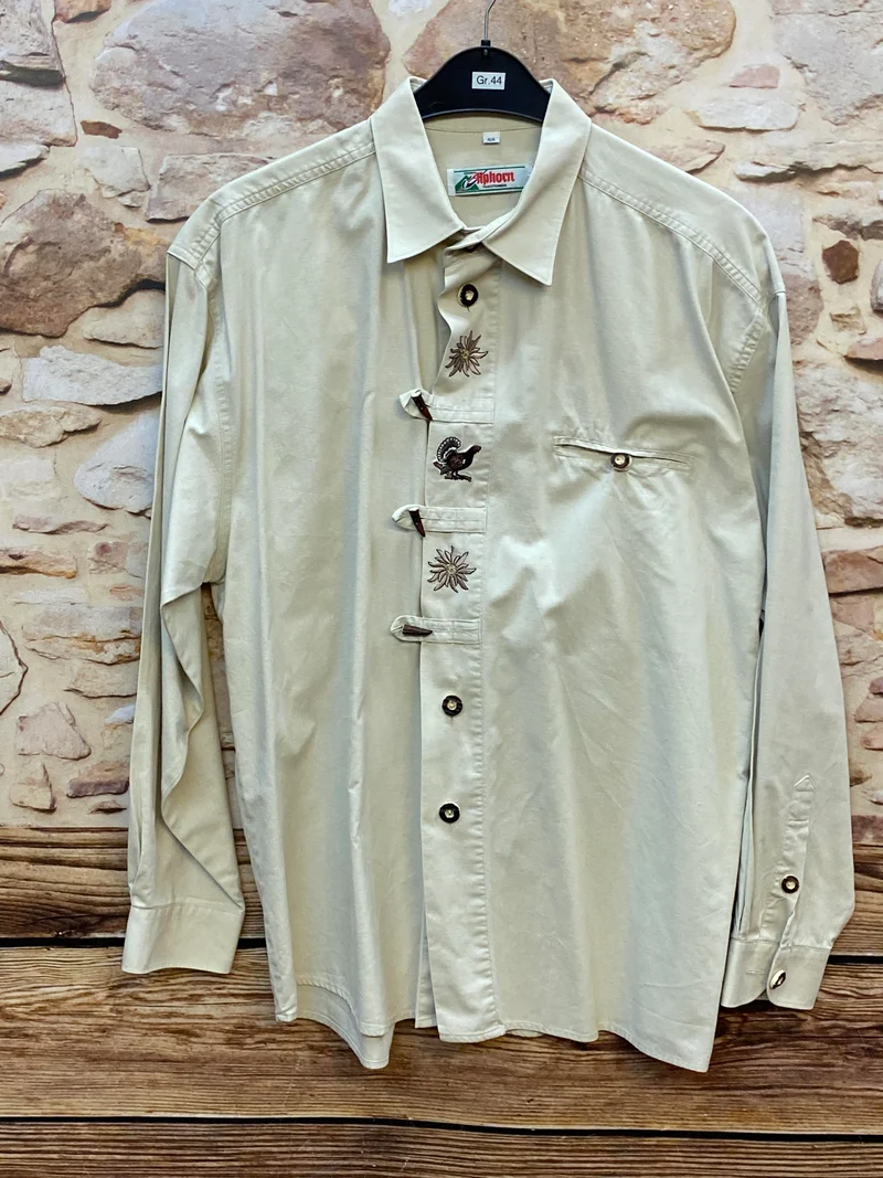 Vintage Trachtenhemd Herren Gr. 44 – hellgrün mit Edelweiß & Hirsch Stickerei