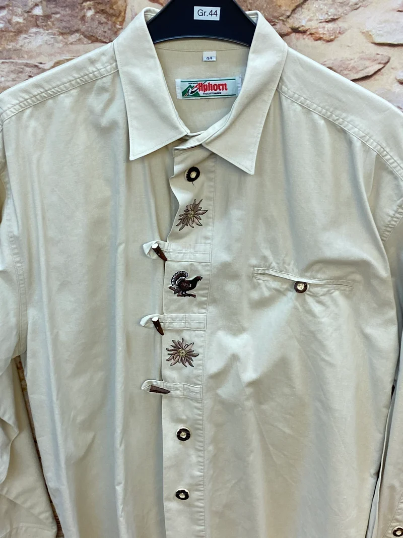 Vintage Trachtenhemd Herren Gr. 44 – hellgrün mit Edelweiß & Hirsch Stickerei