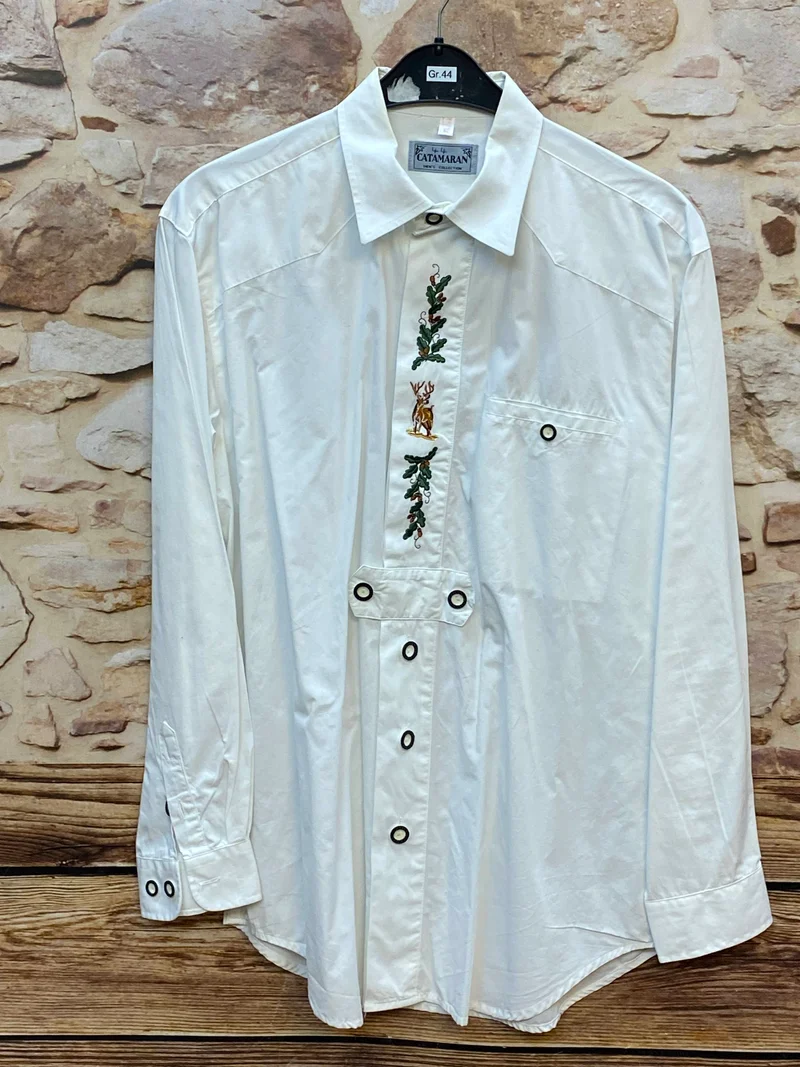 Vintage Trachtenhemd Herren 44 – Weiß mit Hirsch Stickerei