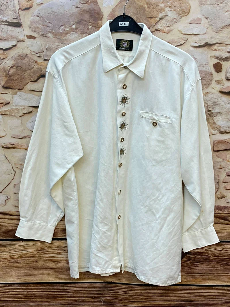 Vintage Trachtenhemd Herren 44 – Weiß mit Edelweiß Knöpfen