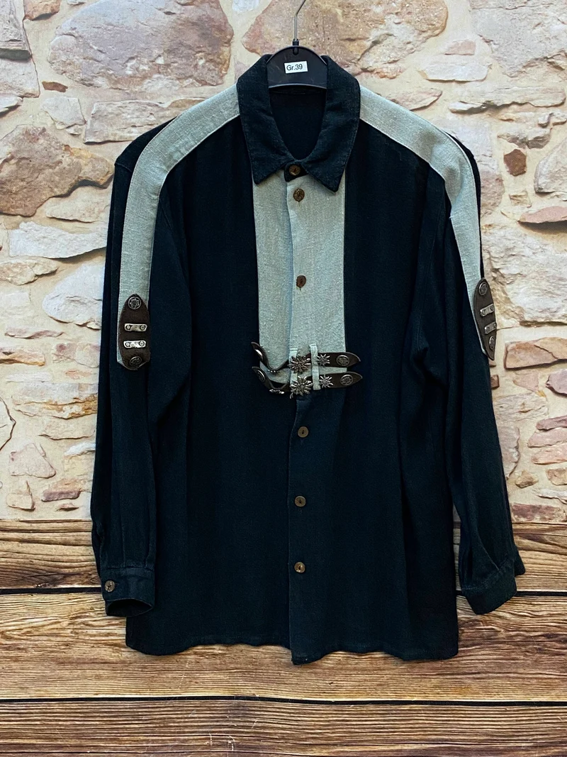 Vintage Trachtenhemd Herren – Schwarz mit Naturweiß – Gr. 39
