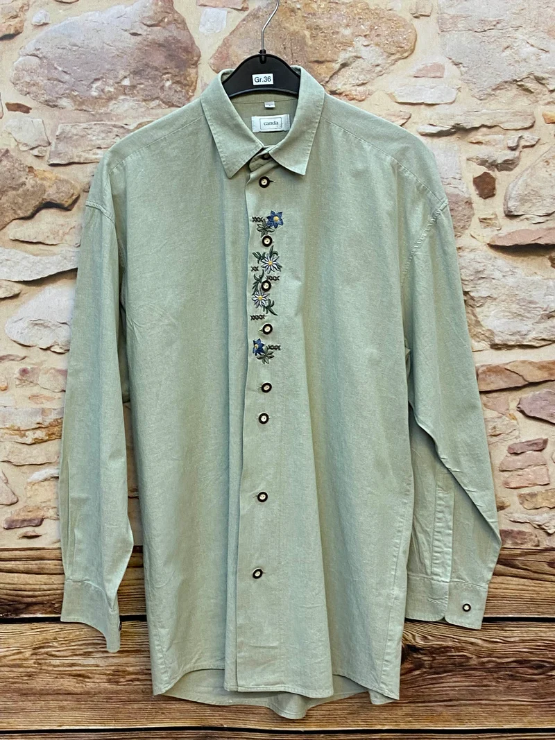 Vintage Trachtenhemd Herren mit Stickerei – Hellgrün – Gr. S