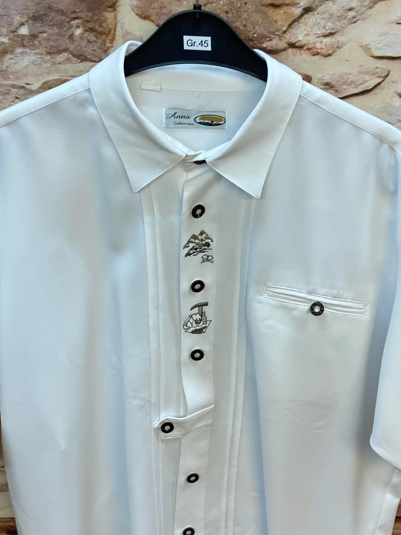 Trachtenhemd Herren Weiß Kurzarm Stickerei Baumwolle Gr. 45 / XXL
