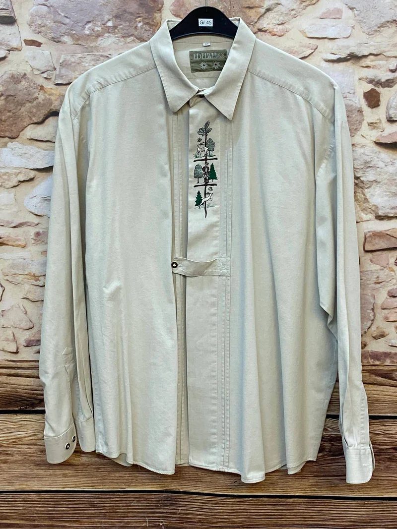 Trachtenhemd Herren Edelweiss Stickerei Jagdmotiv Baumwolle Gr. 45