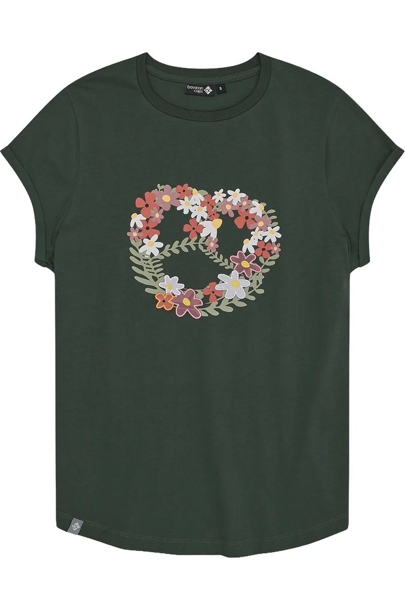 Damen T-Shirt mit Blumenbrezen-Druck - tannengrün