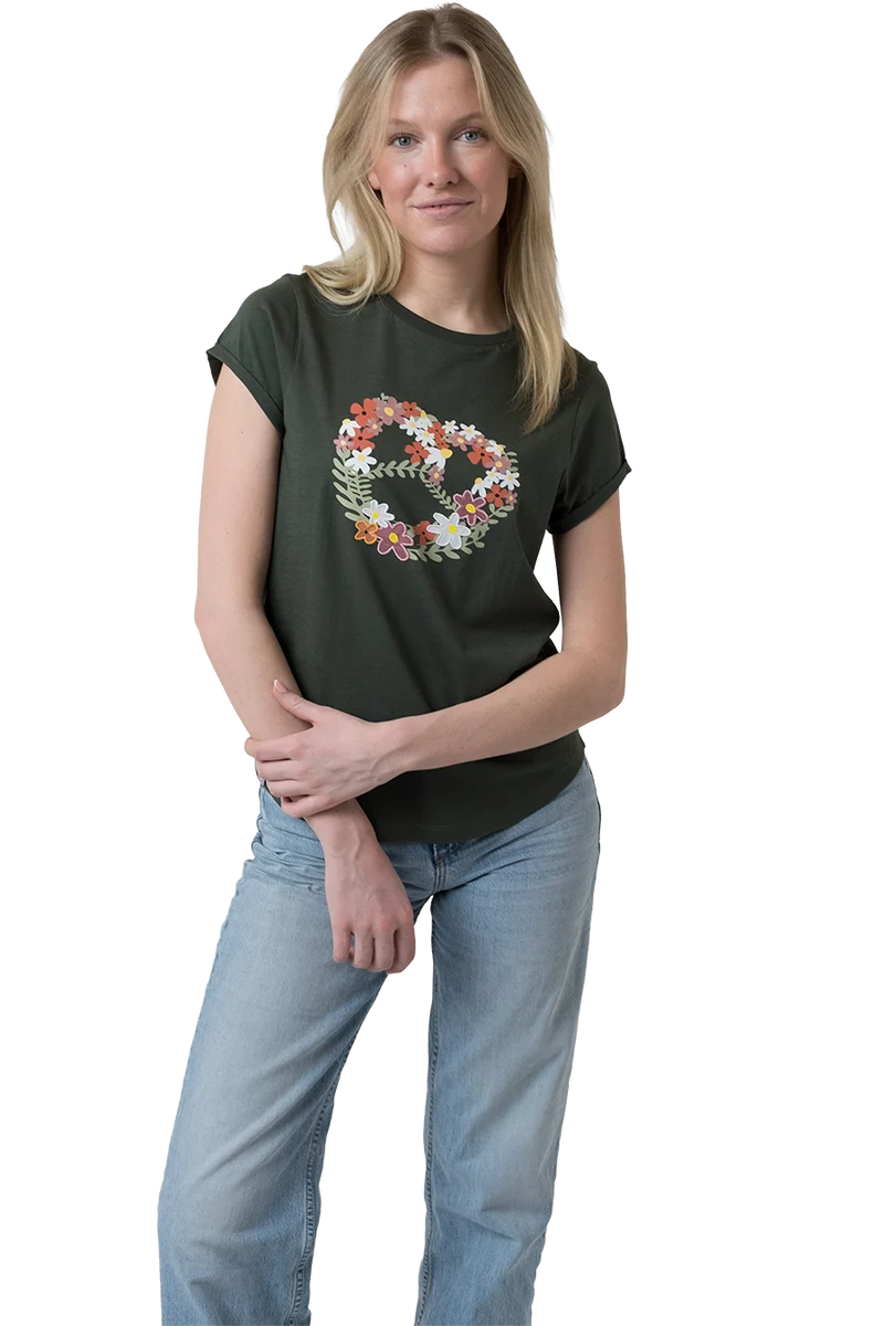 Damen T-Shirt mit Blumenbrezen-Druck - tannengrün