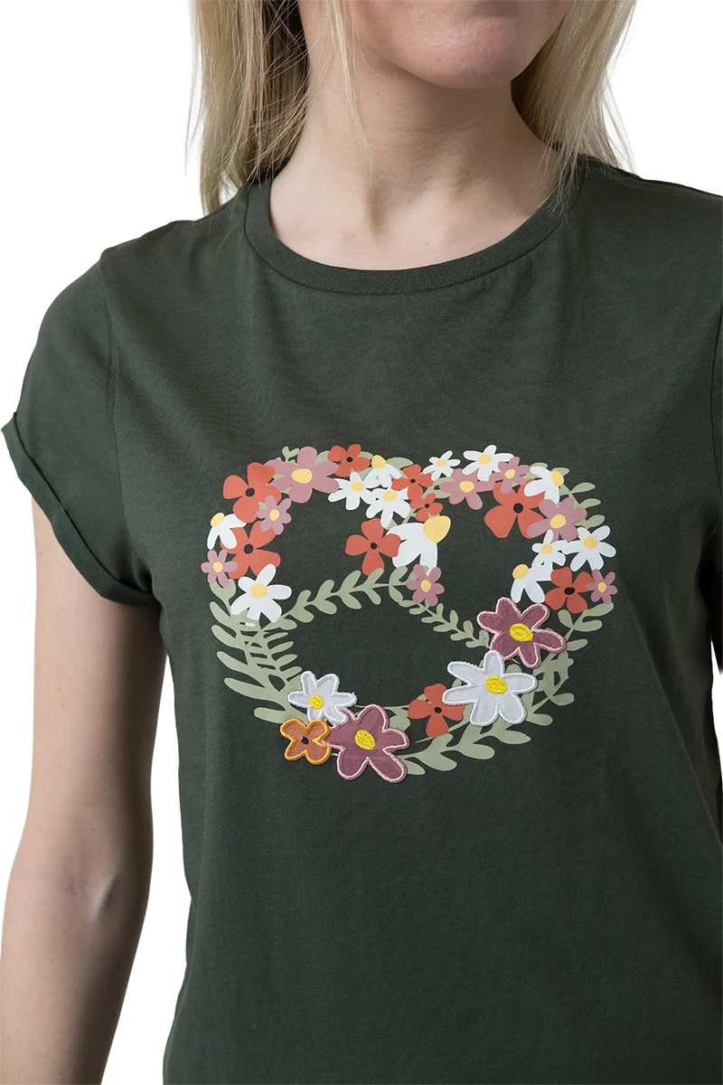 Damen T-Shirt mit Blumenbrezen-Druck - tannengrün
