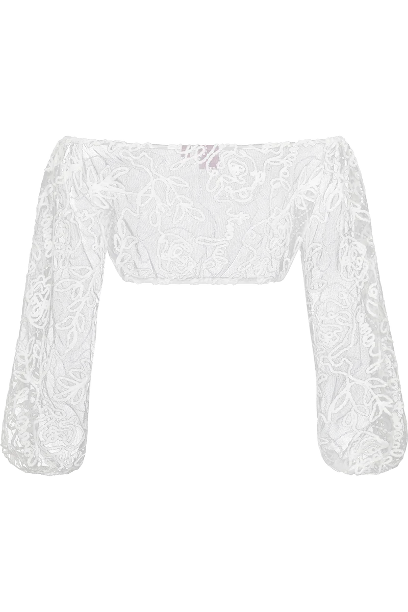 Schulterfreie Dirndlbluse mit samtartiger Spitze