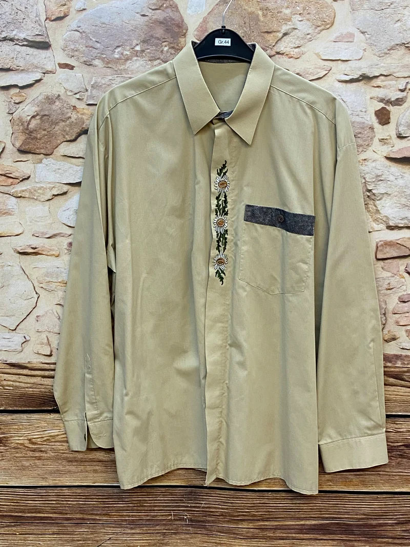Trachtenhemd Herren beige mit Edelweiß Stickerei Gr. 44