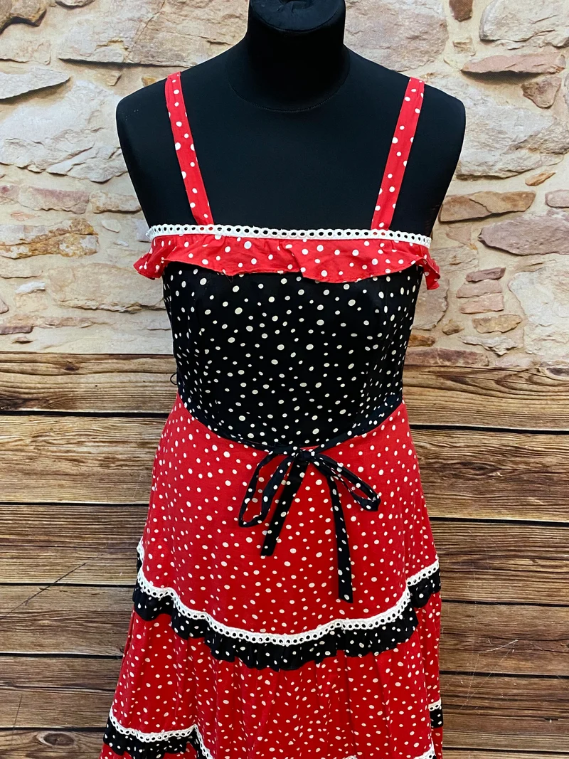 70er Jahre Vintage Maxikleid Rot Schwarz Polka Dots – Sommerkleid Gr. 34