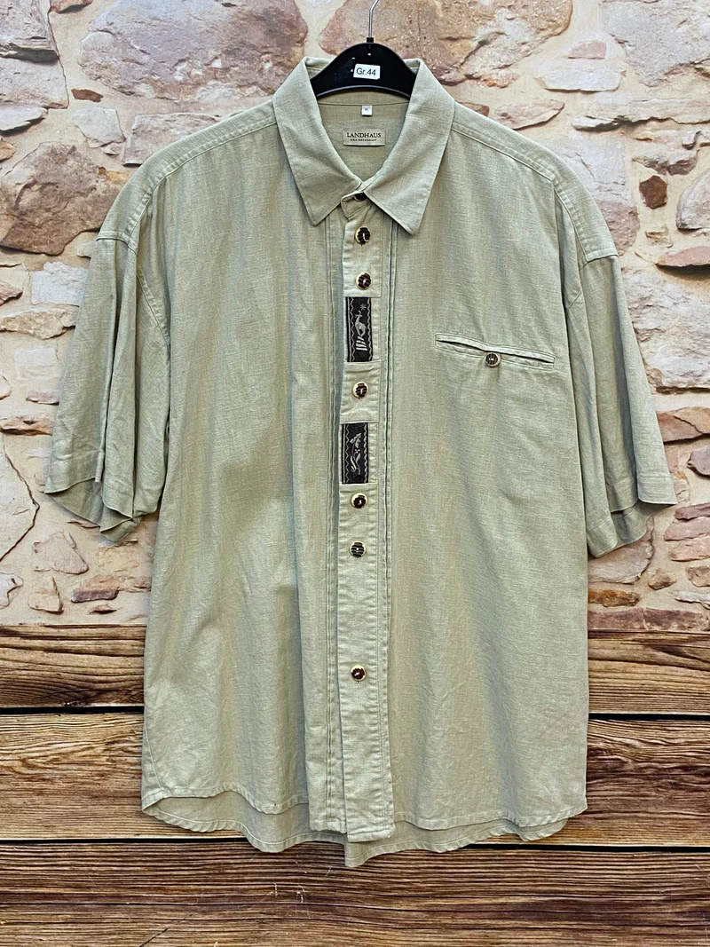 Trachtenhemd Herren Leinen kurzarm beige Landhaus Gr. 44 XL