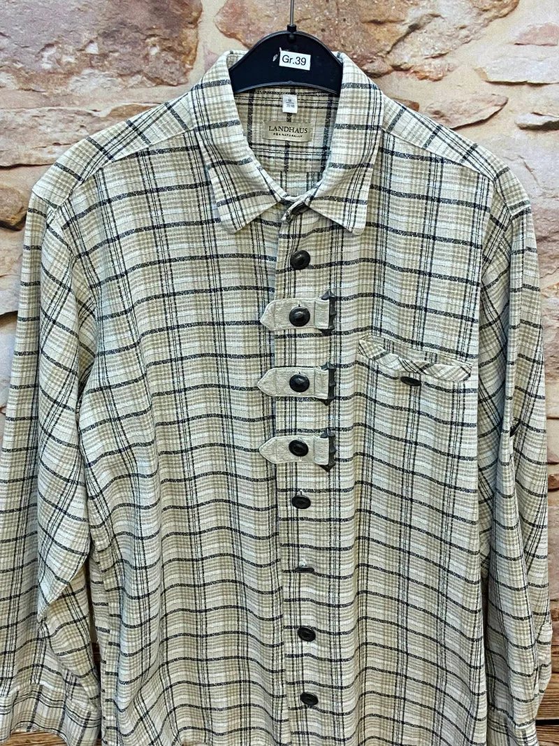 Trachtenhemd Herren kariert beige grün Gr. 39/40 Landhaus Vintage