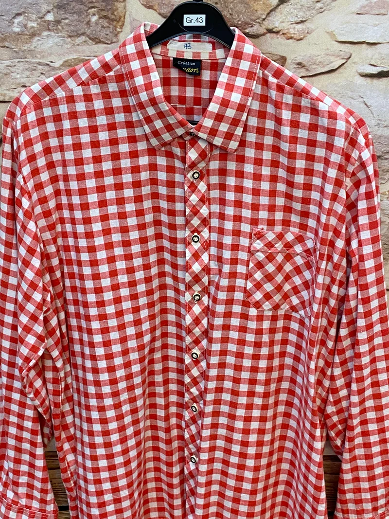 Trachtenhemd Herren rot weiß kariert Gr. 43 Vintage