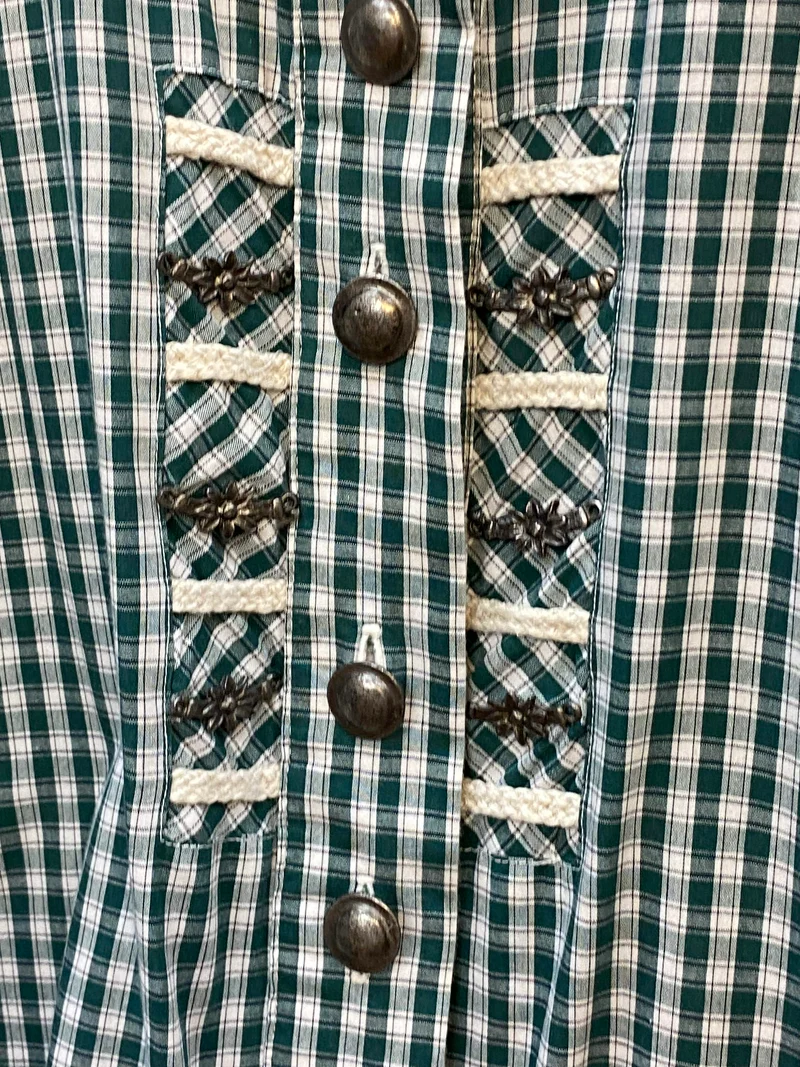 Vintage Trachtenhemd Herren Grün Kariert mit Stickerei Gr. 46