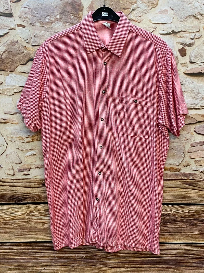 Vintage Trachtenhemd Herren Rot Kariert Alpen Rose Gr. 41 Kurzarm