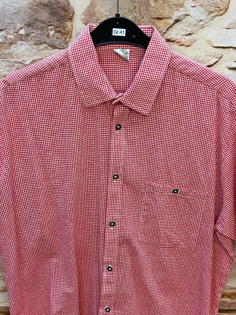 Vintage Trachtenhemd Herren Rot Kariert Alpen Rose Gr. 41 Kurzarm