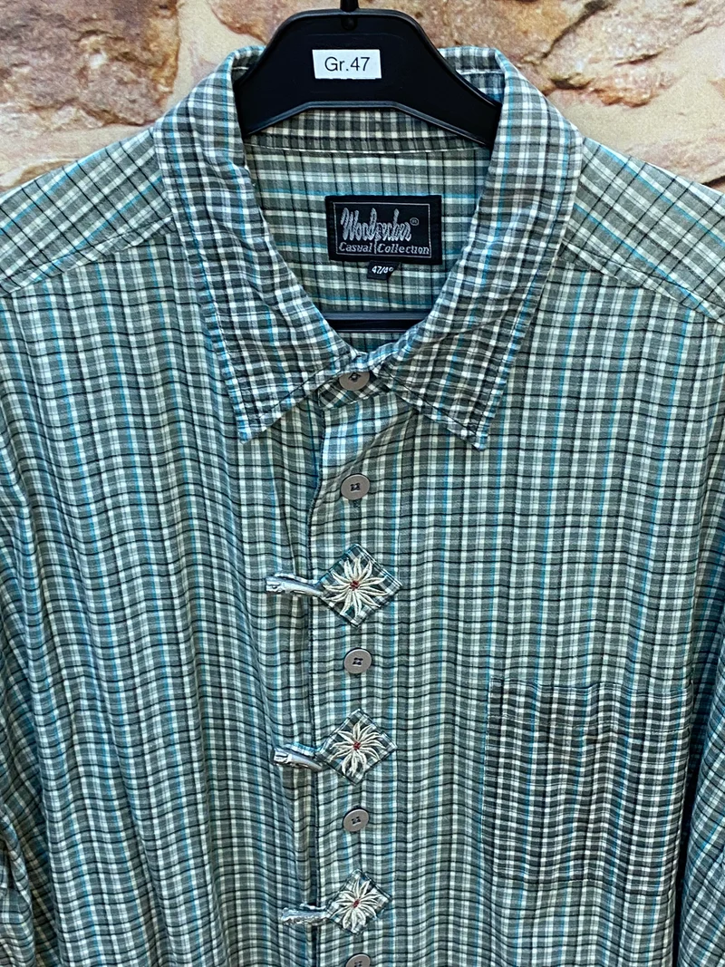 Vintage Trachtenhemd Herren Grün Kariert Edelweiß Gr. 47 Kurzarm