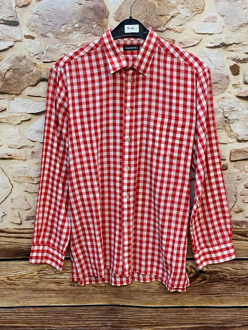 Vintage Trachtenhemd Herren Rot Weiß Kariert Größe 40