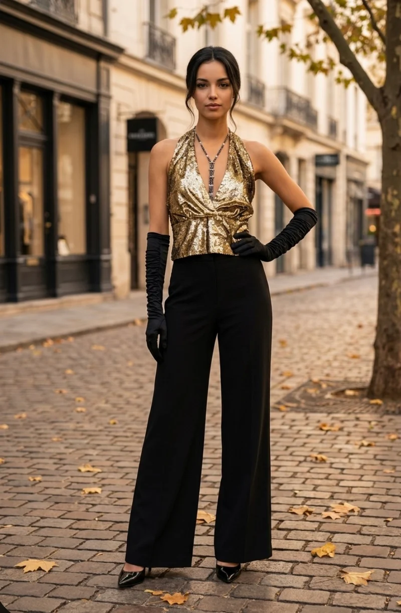 Vintage 20er Jahre Damen Outfit Marlene Stil Schwarz Gold Größe 40/42 – Komplett Set