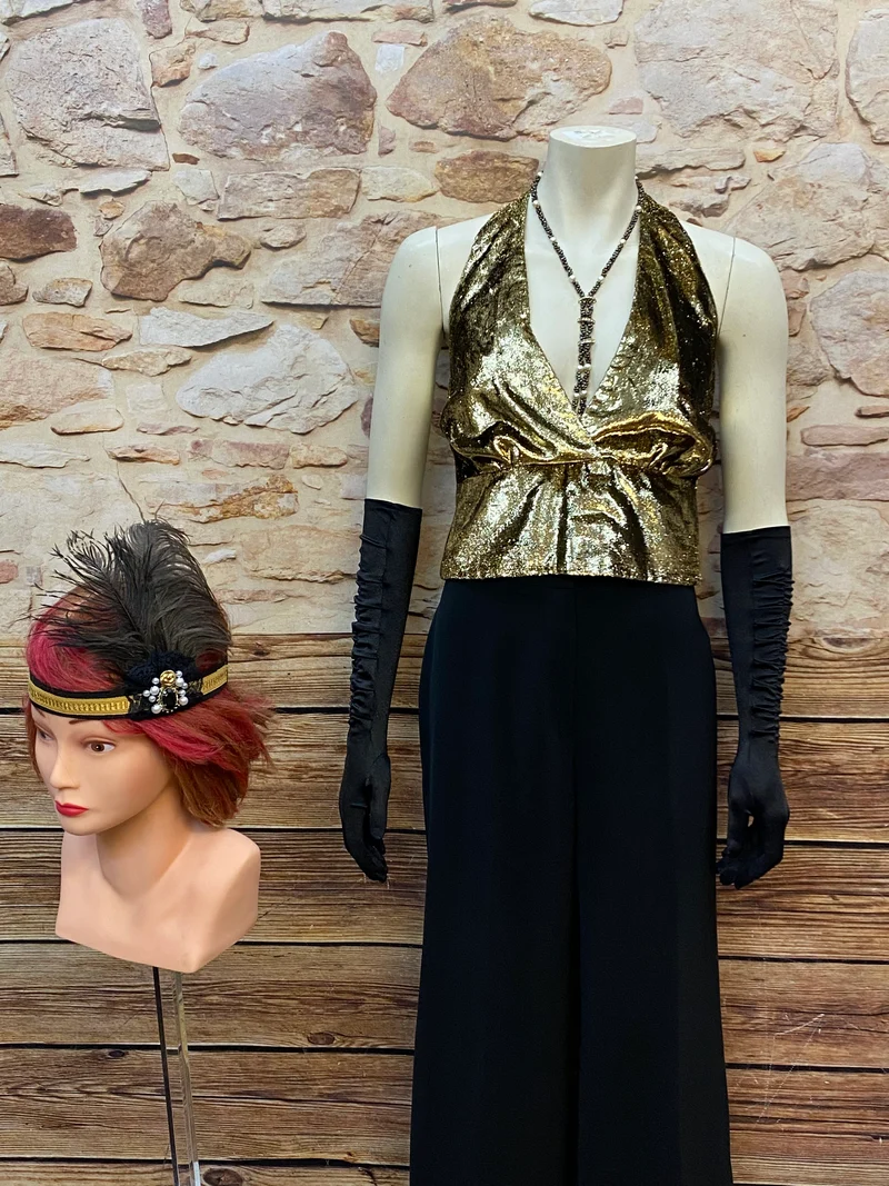 Vintage 20er Jahre Damen Outfit Marlene Stil Schwarz Gold Größe 40/42 – Komplett Set