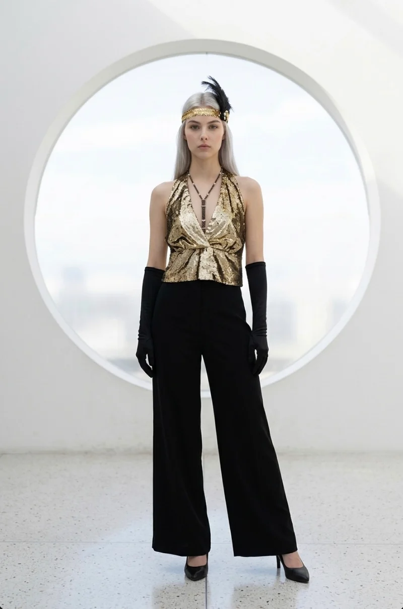 Vintage 20er Jahre Damen Outfit Marlene Stil Schwarz Gold Größe 40/42 – Komplett Set