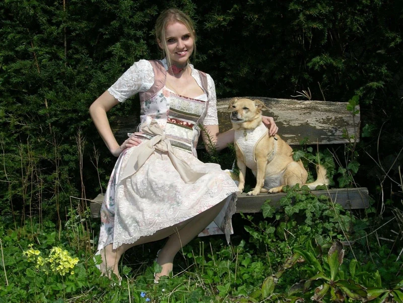 Dirndl 3-Teiler, CocoVero, beige, rosé, natur, Seide, Midi 60cm