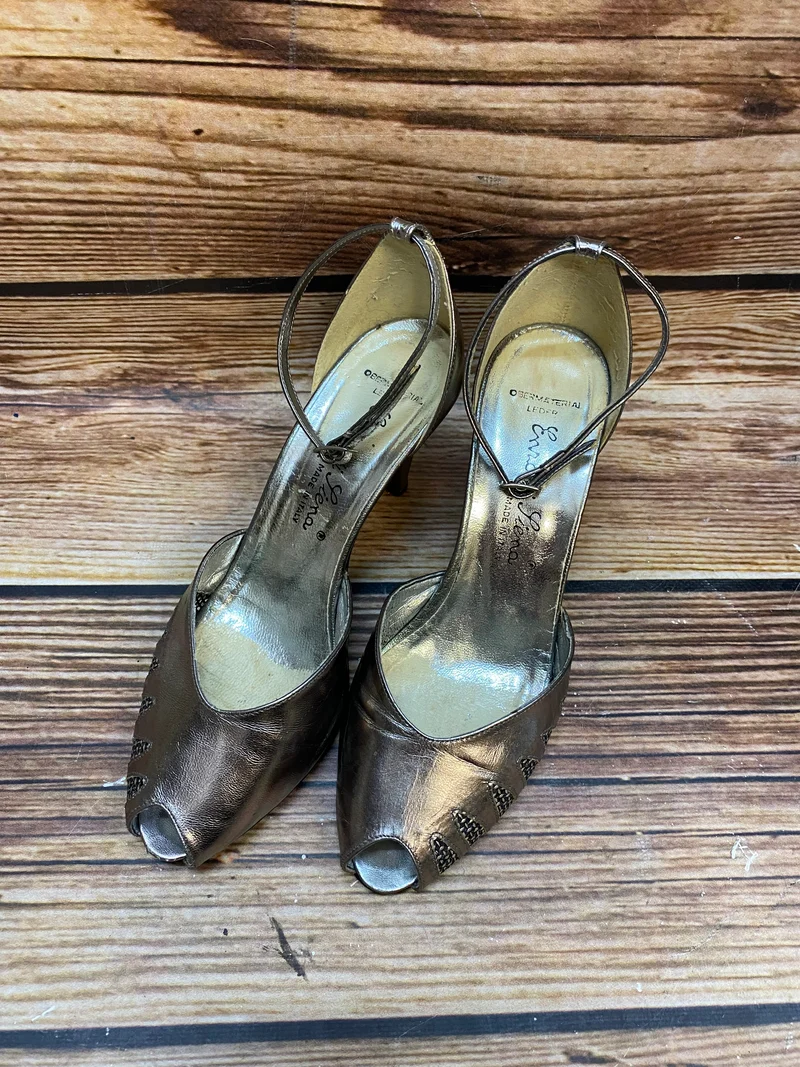 Vintage Leder Sandaletten Silber Peeptoe Gr. 37 Made in Italy