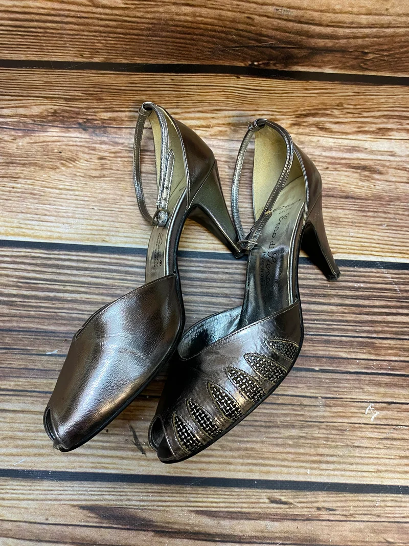 Vintage Leder Sandaletten Silber Peeptoe Gr. 37 Made in Italy