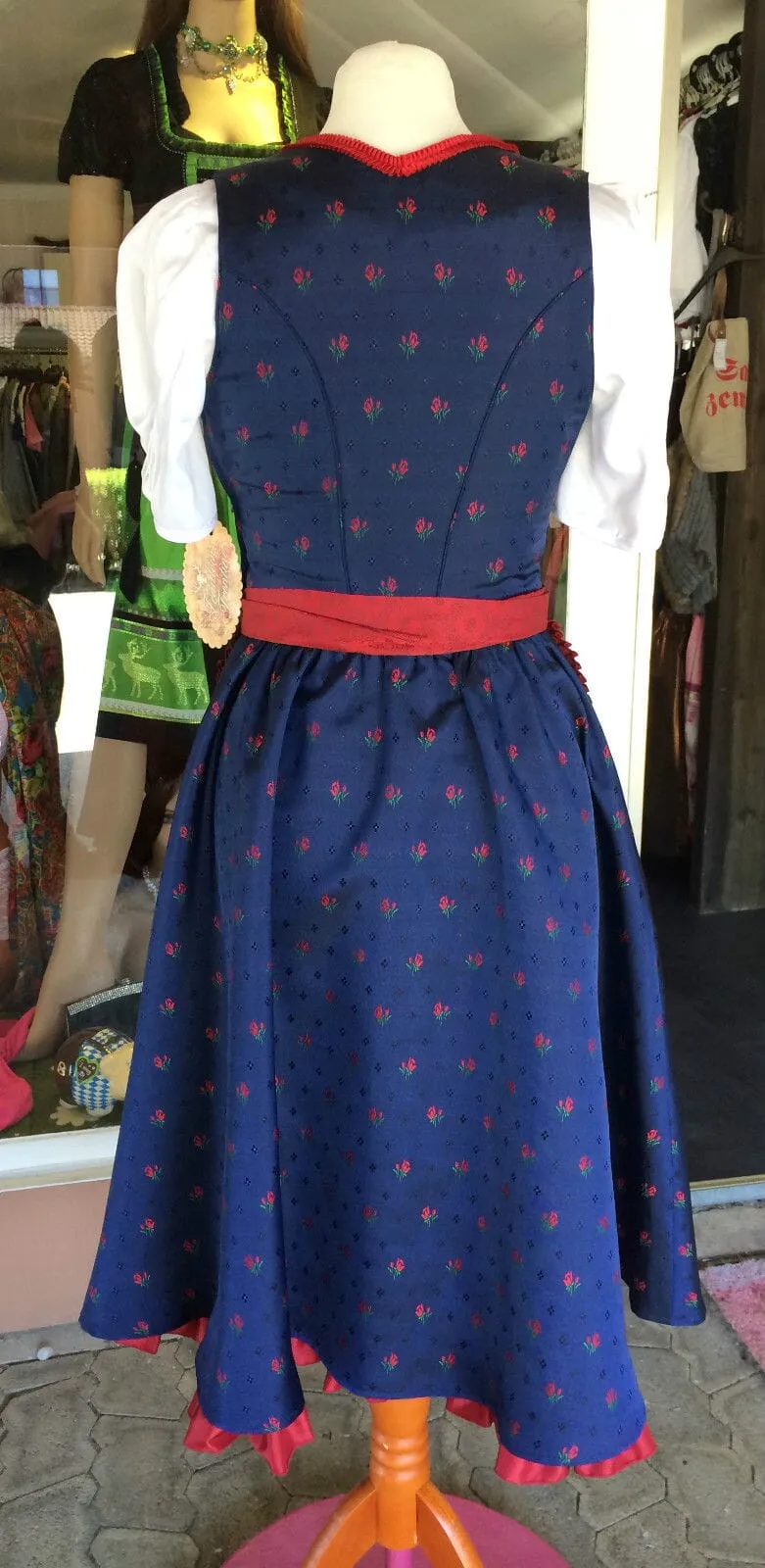 Dirndl Trentini, Josefine, blau rot, Midi 70 cm, Miederschnürung, Gr. 34