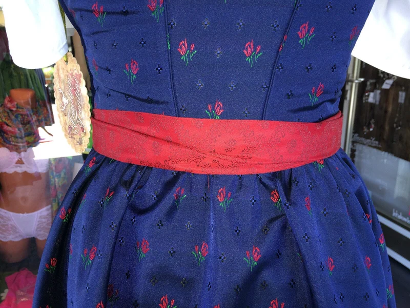 Dirndl Trentini, Josefine, blau rot, Midi 70 cm, Miederschnürung, Gr. 34
