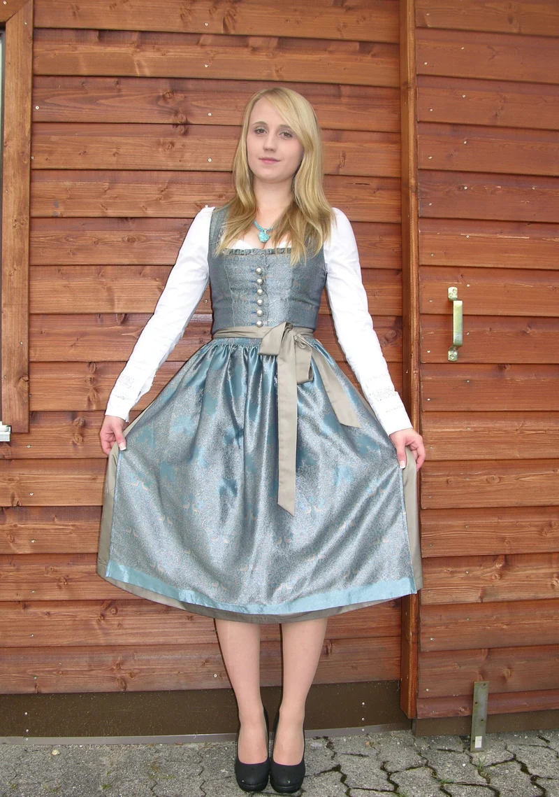 Dirndl Kleid Wenger aqua, taupe, gold Midi 70 cm, Gr. 34
